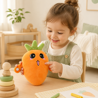 Child holding the carrot Toyella Musical Touch Plush Pal during screen-free play