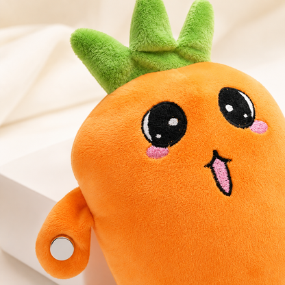 Close-up of the carrot musical plush showing its soft texture and sensor points
