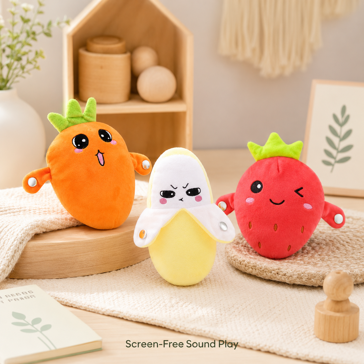 Banana, Strawberry and Carrot Toyella Musical Touch Plush Pal styles together