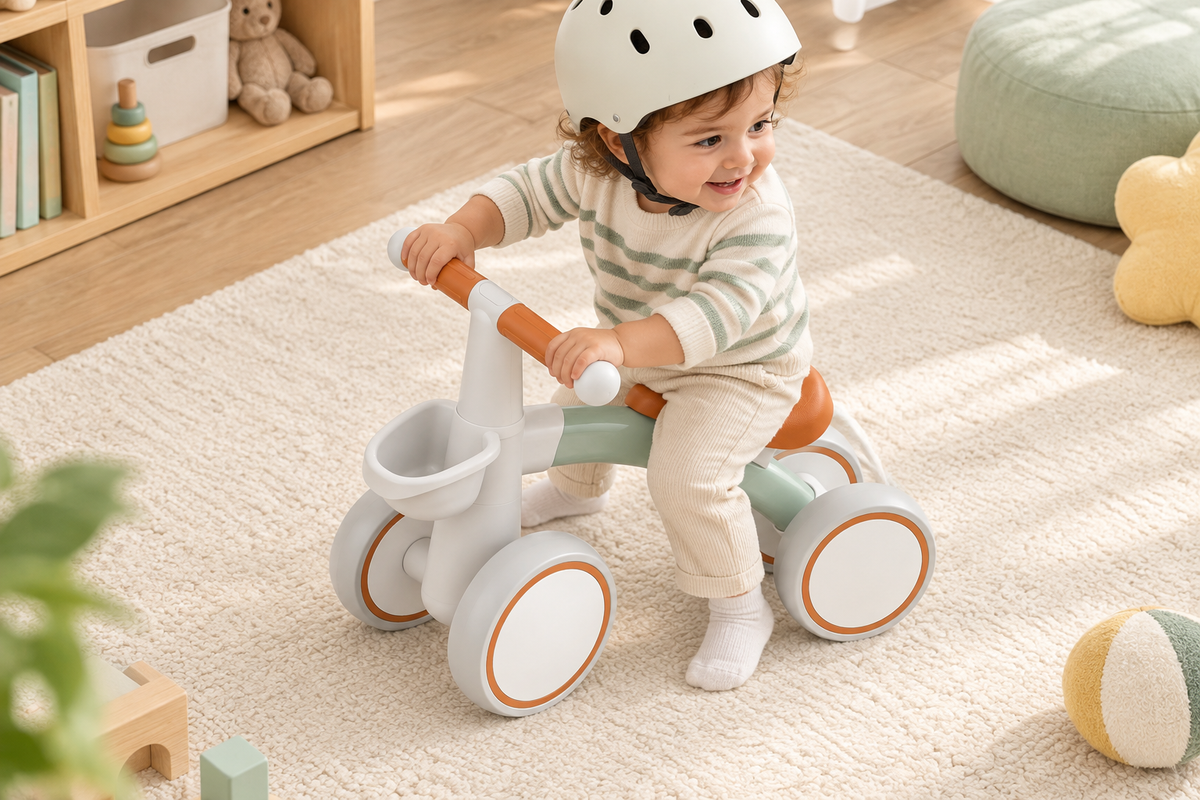 Helmeted toddler practising gentle steering on the mint green FirstRide balance bike