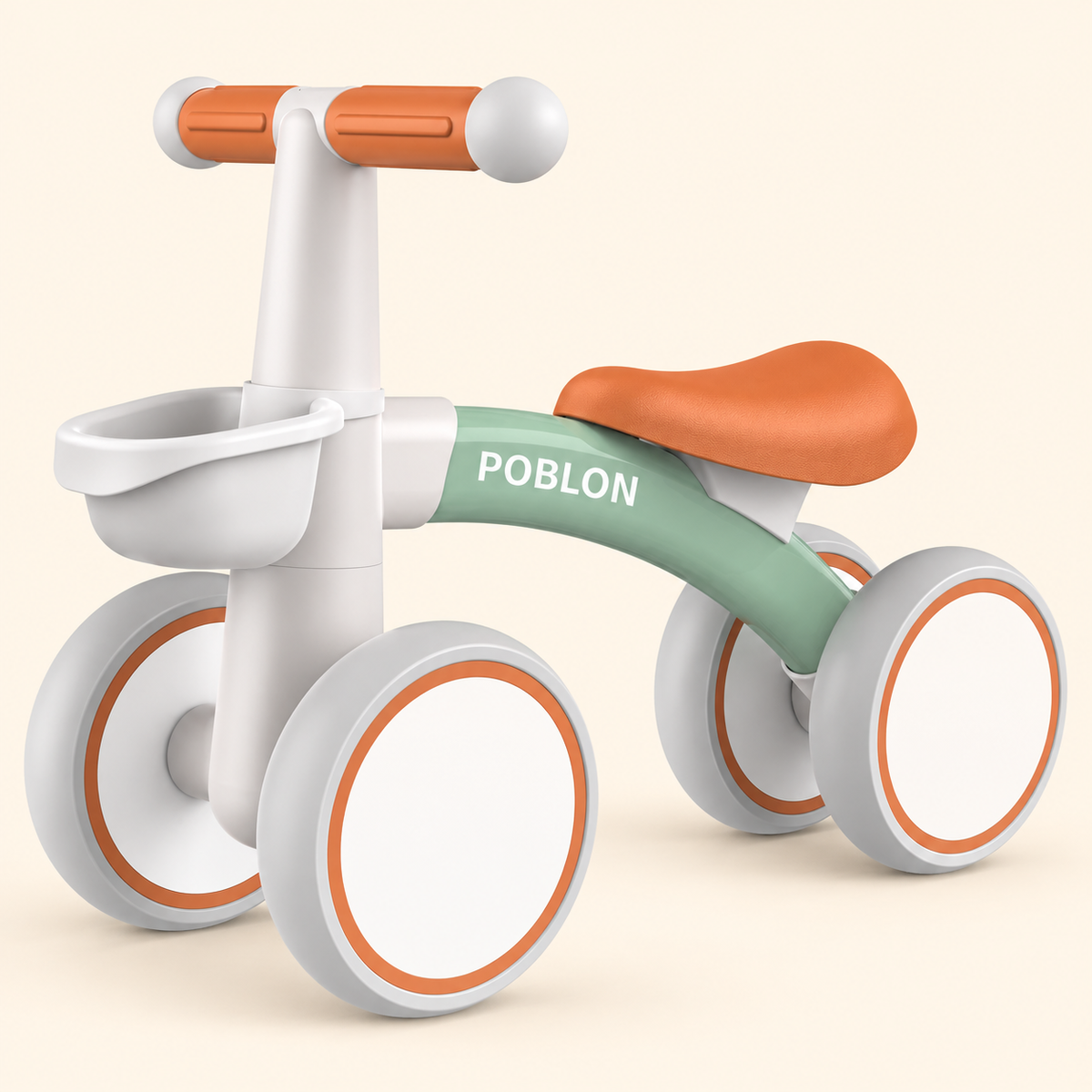 Toyella FirstRide green four-wheel toddler balance bike variant on a Toyella cream background