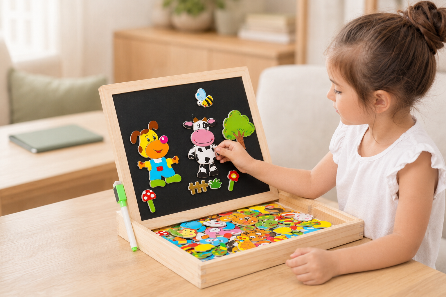 Child enjoying quiet screen-free play with the Toyella magnetic board