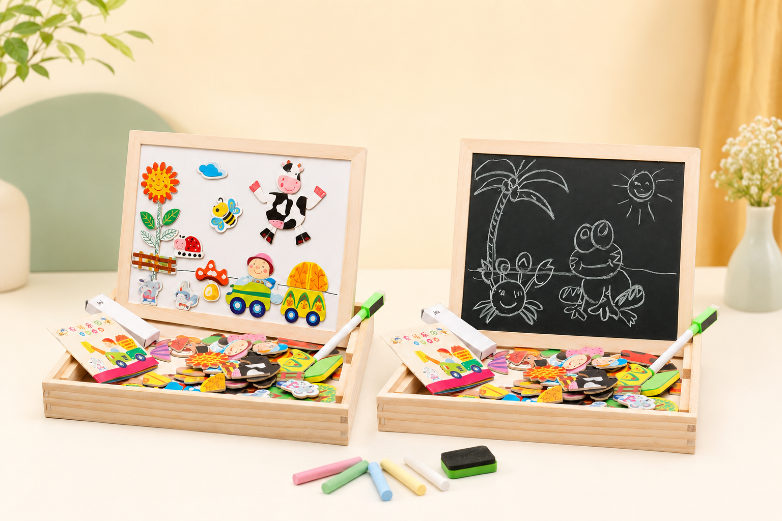 White magnetic and black chalkboard play modes