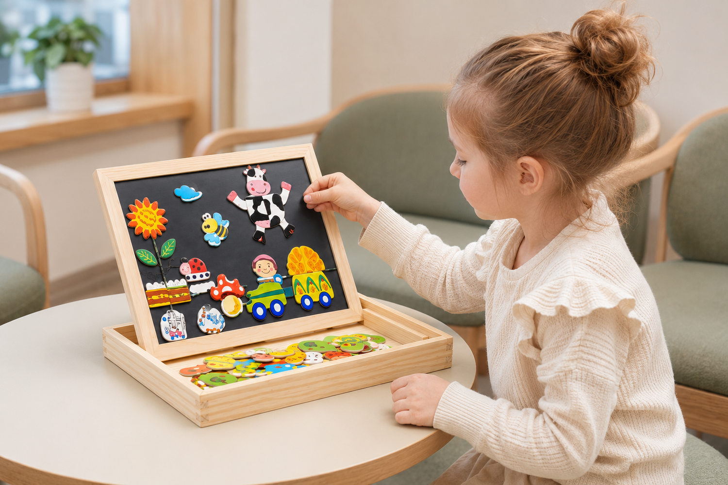 Toyella magnetic board used during quiet time away from home