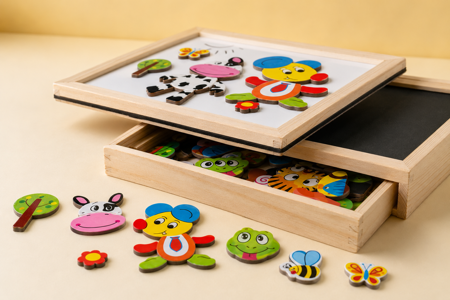 Wood grain and magnetic piece detail of the Toyella activity board
