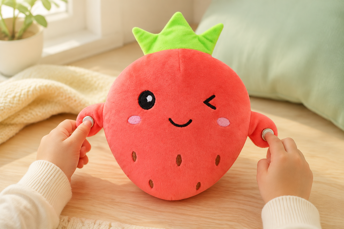 Small hands touching both metallic sensors on the strawberry Plush Pal