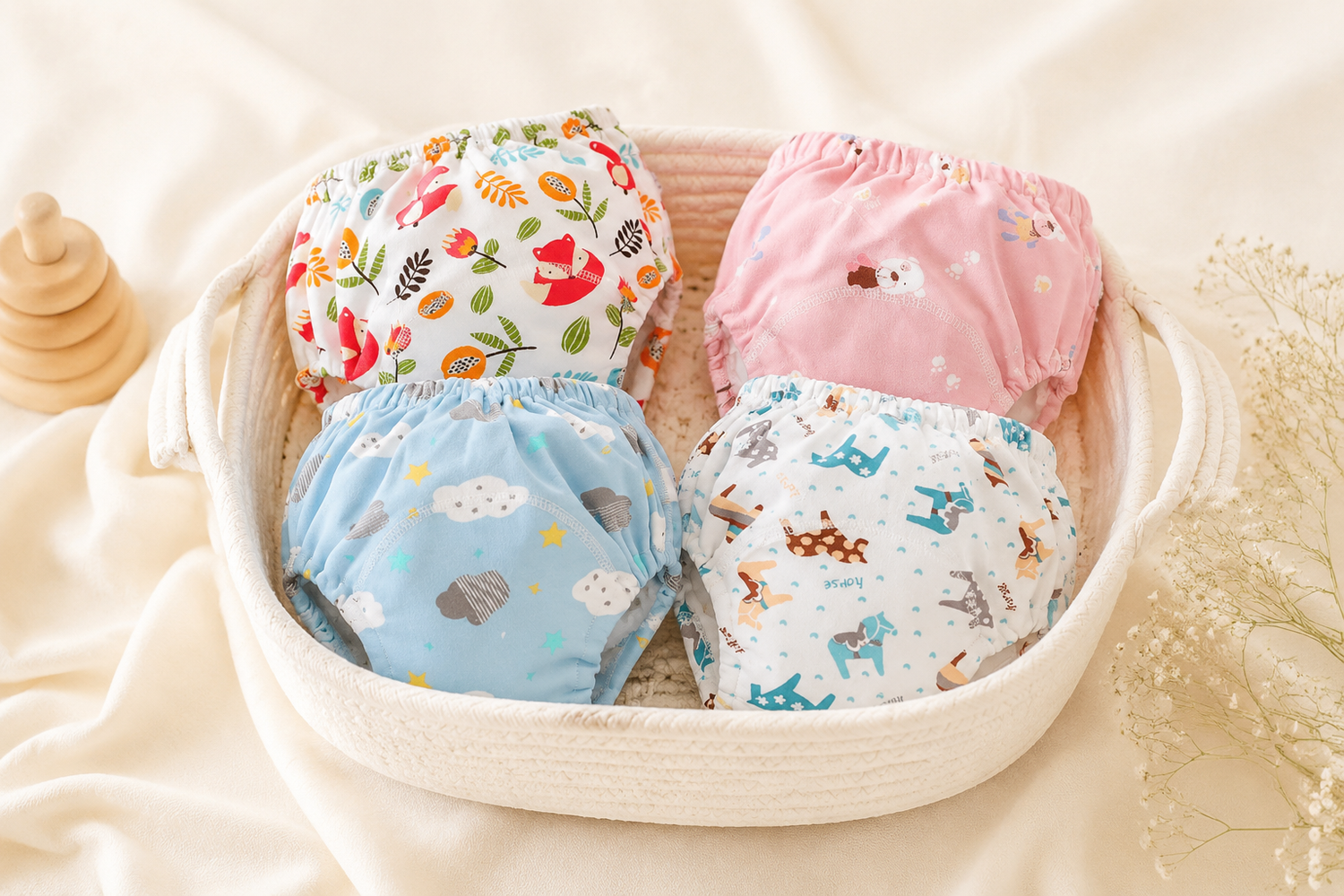 Four Toyella training pants in a fabric basket