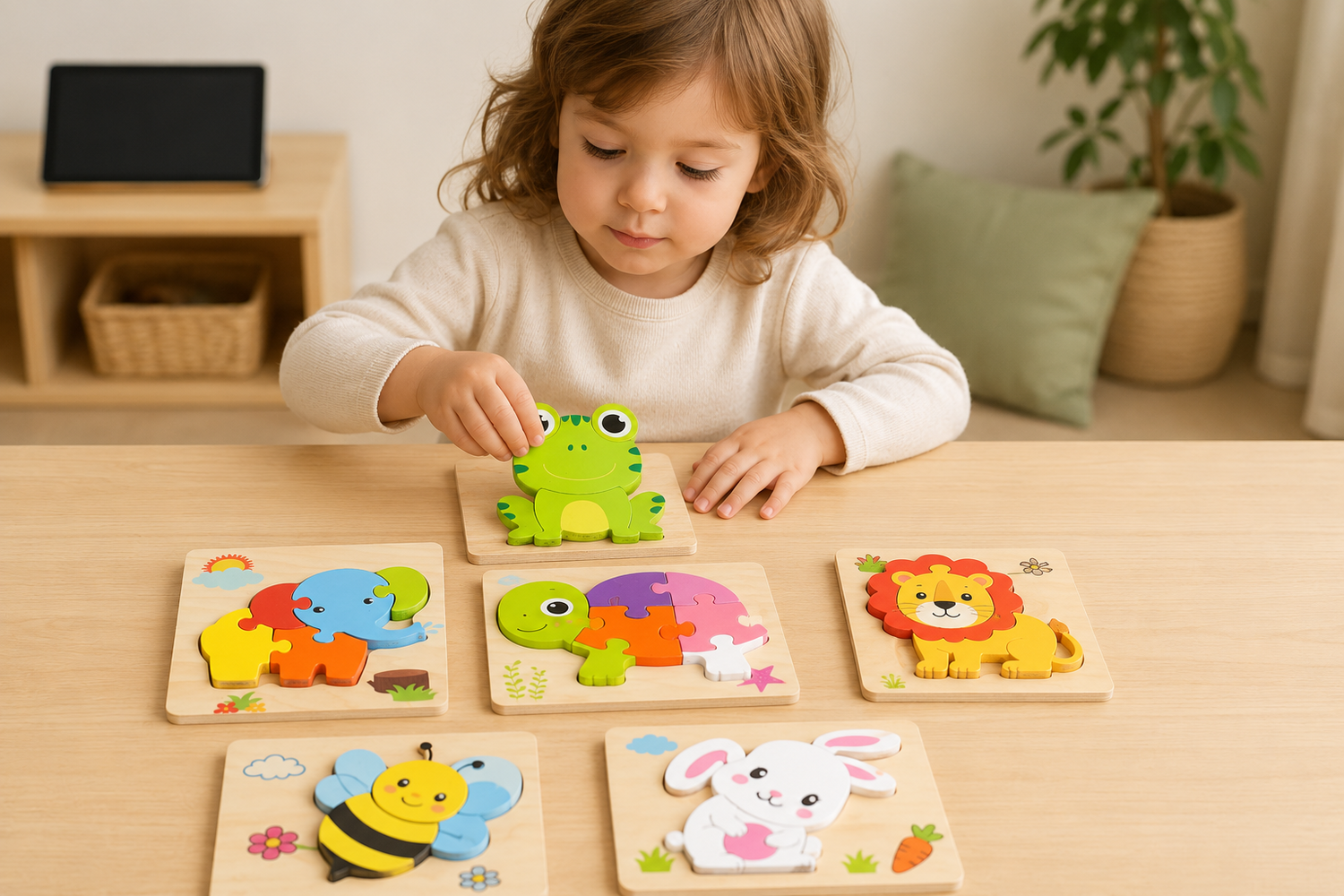 Child matching a colourful wooden animal puzzle at a table