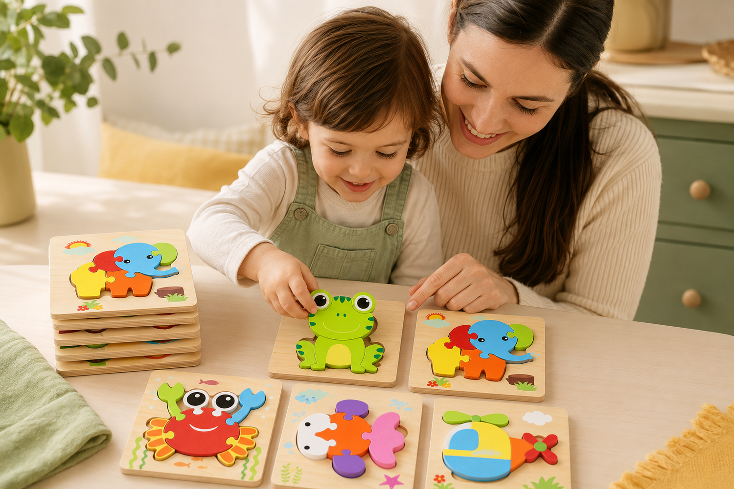 Parent and child playing with wooden animal puzzles