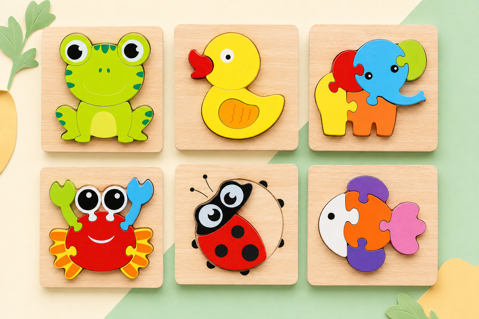 Six colourful wooden animal puzzle boards