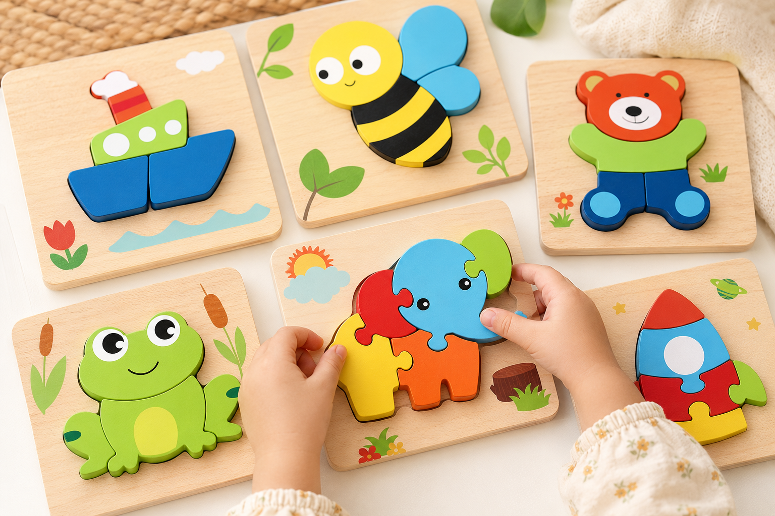 Child placing wooden pieces into an elephant puzzle