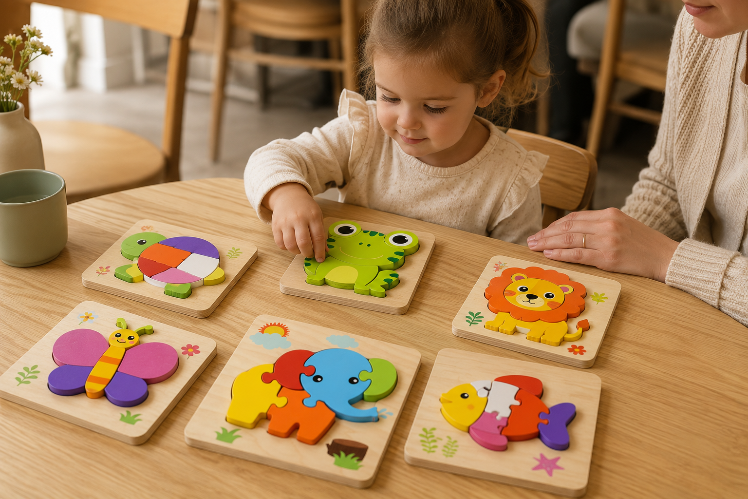 Child exploring six wooden animal puzzles with an adult