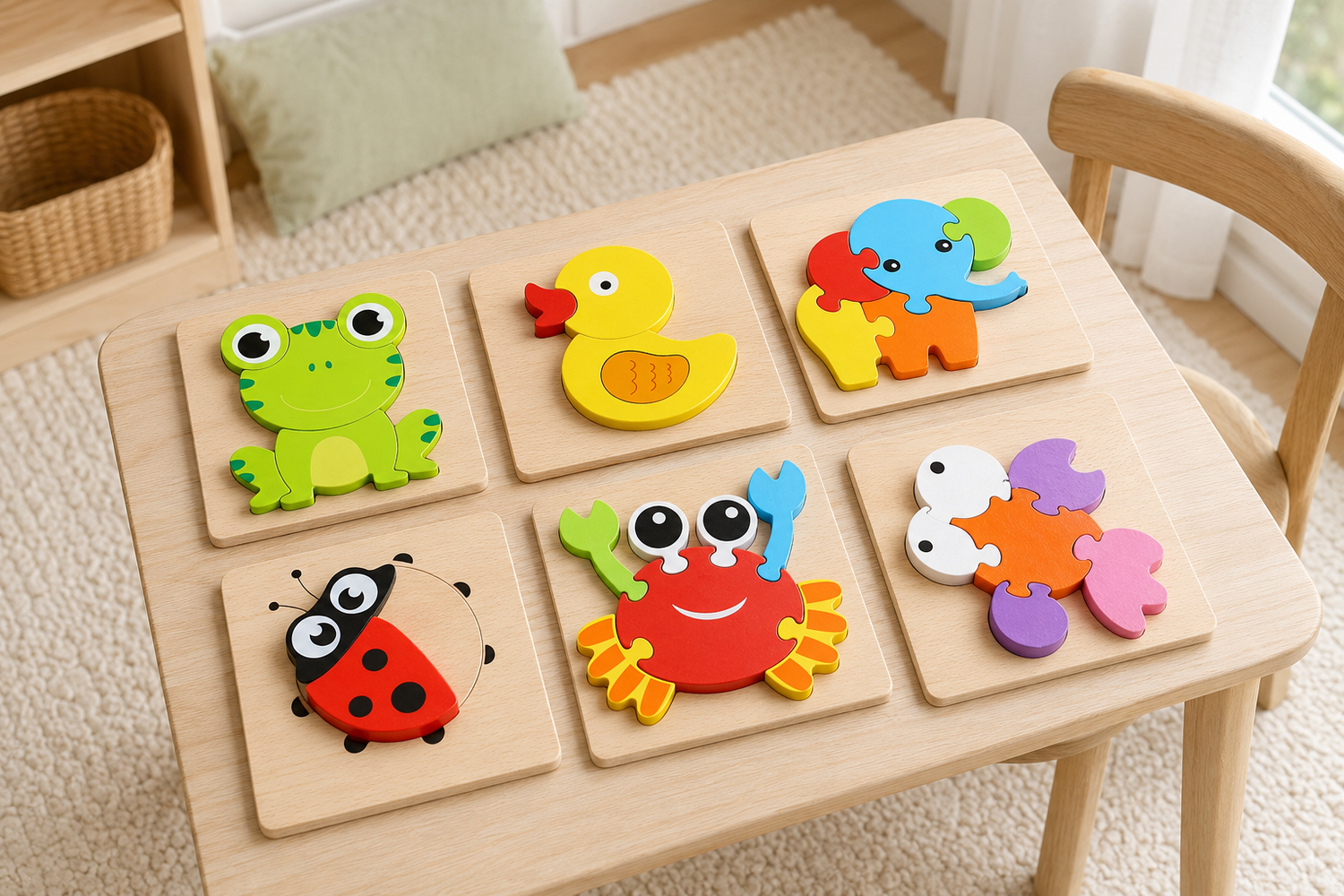 Six wooden puzzle boards arranged on a child-sized table